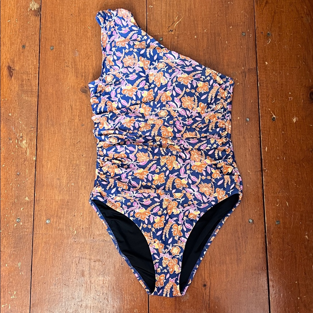 J. Crew Navy and Orange Floral One-Shoulder women’s  Swimsuit